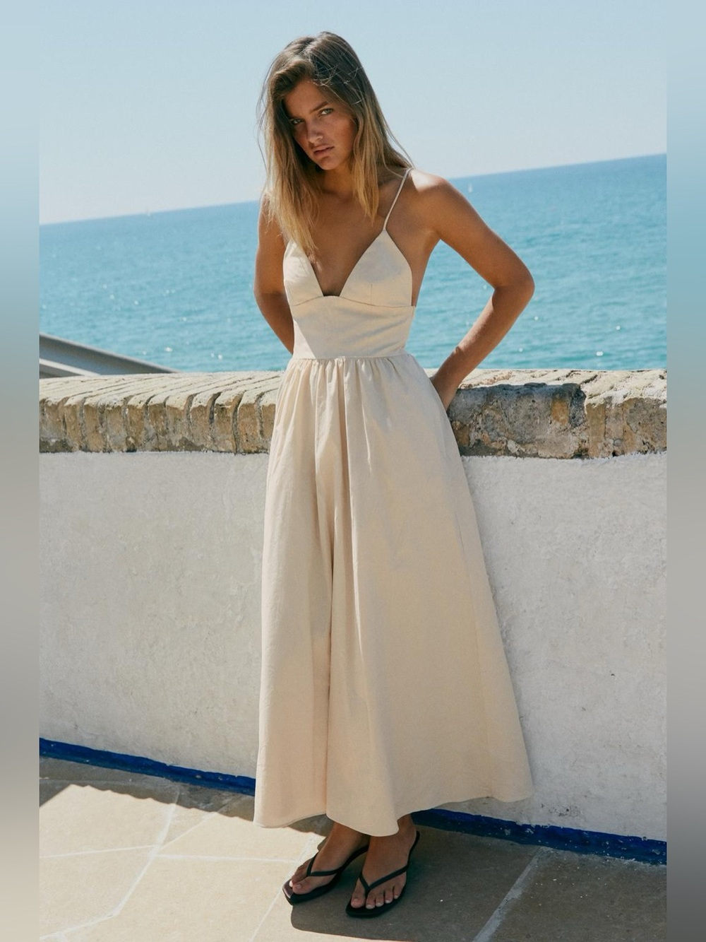 ZARA Nude Lined Cotton Poplin Midi Dress